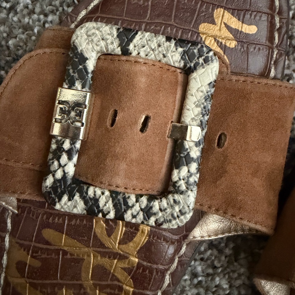 Sam Edelman Brown Suede Slides with Snake-Print Buckle - Picture 2 of 3